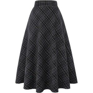 Womens Dark Grey Elastic Waist A-Line Pleated Tartan Long Plaid Wool Skirts